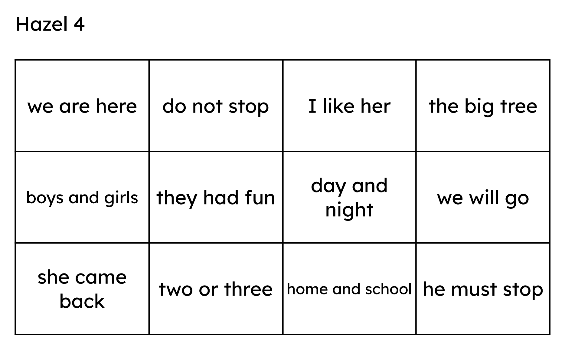 A printable flash phrases grid titled “Hazel 4”, with twelve short phrases such as “we are here”, “do not stop” and “day and night” for children to read at a glance