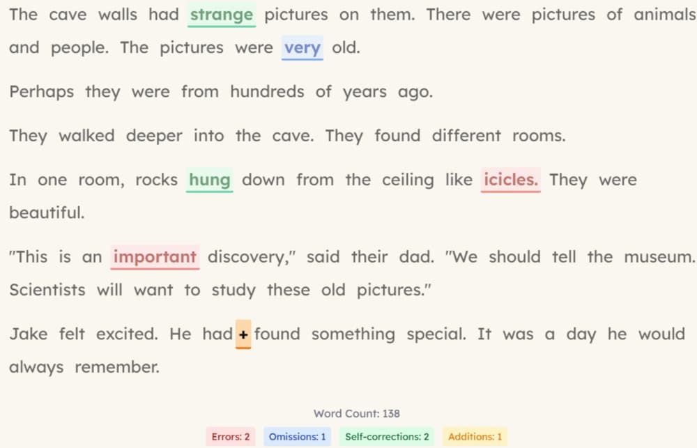 A reading passage marked with errors and self-corrections