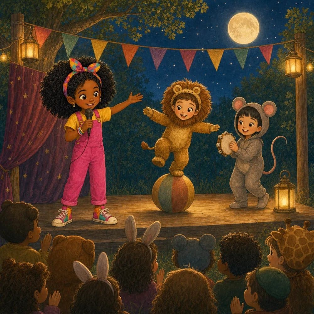 Children in animal costumes perform a poem on a stage
