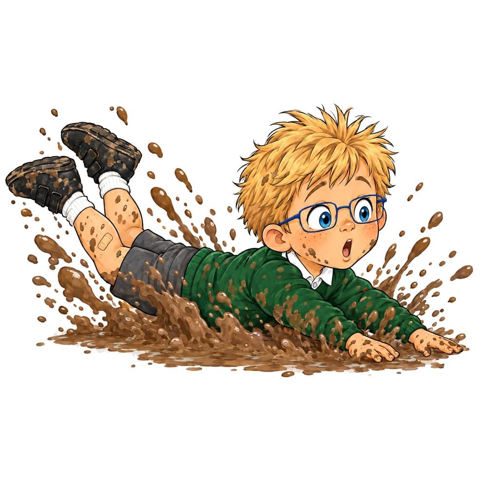 A boy slides through the mud on his tummy