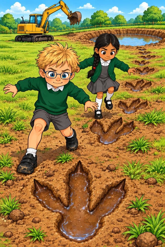 Two children step from one giant footprint to the next
