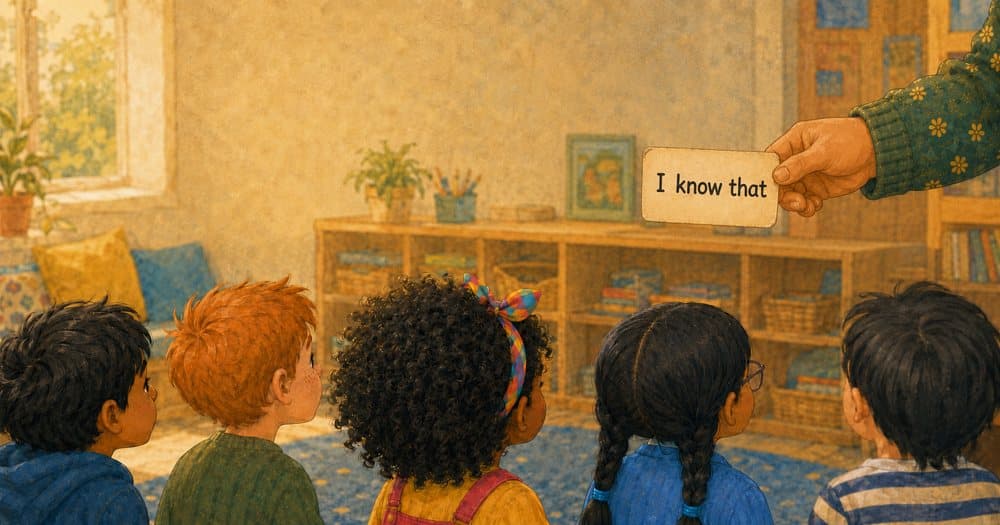 A teacher holds up a phrase card to the class