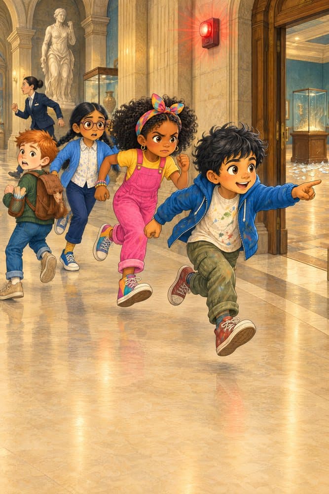 Four children run through a museum as an alarm flashes