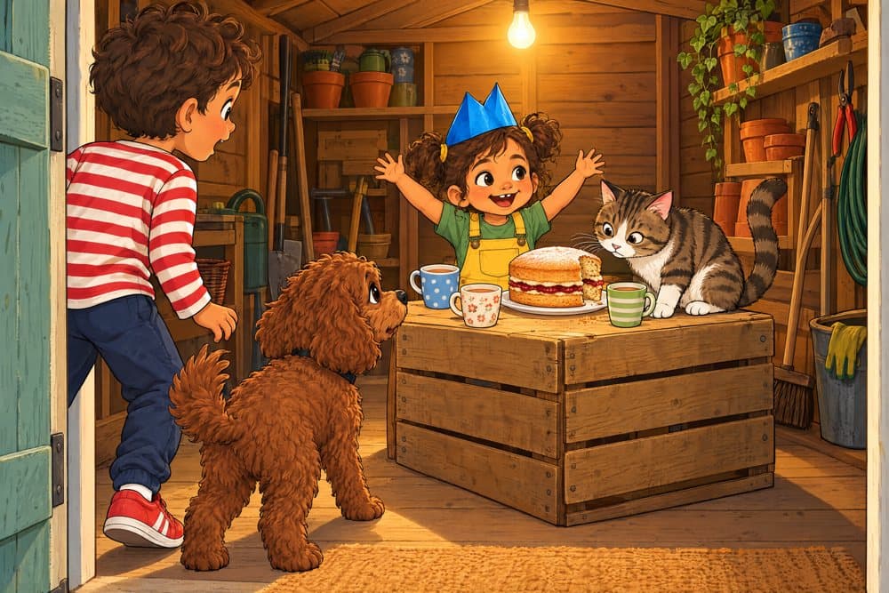 A dog and two children find a surprise party in a shed