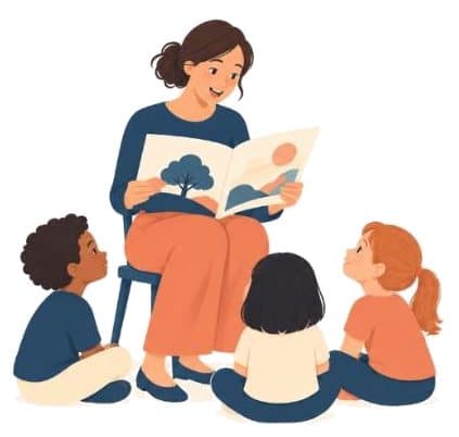 A teacher reads aloud to children sitting on the floor