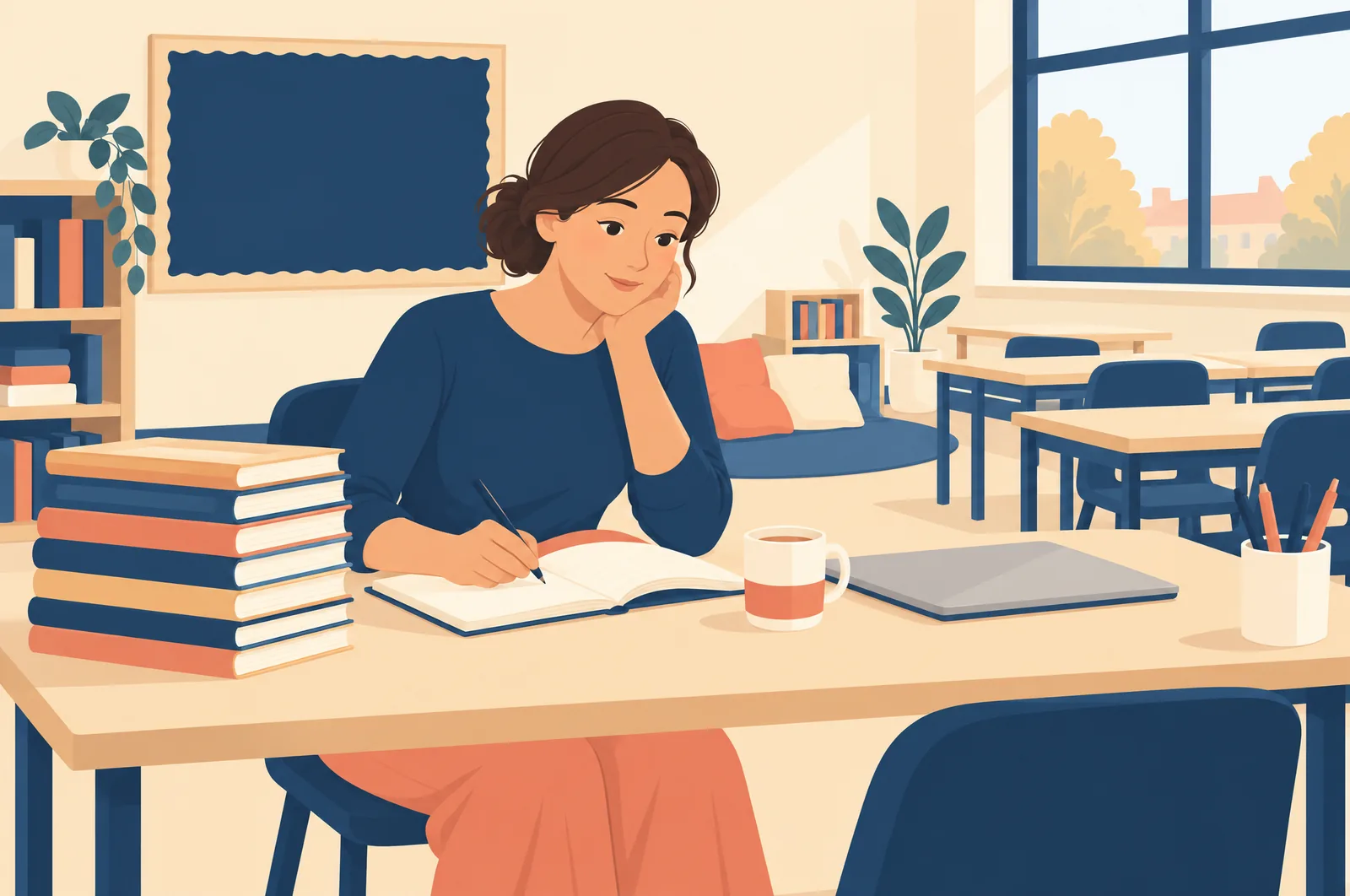 A teacher at her desk after school, writing notes beside a stack of reading books