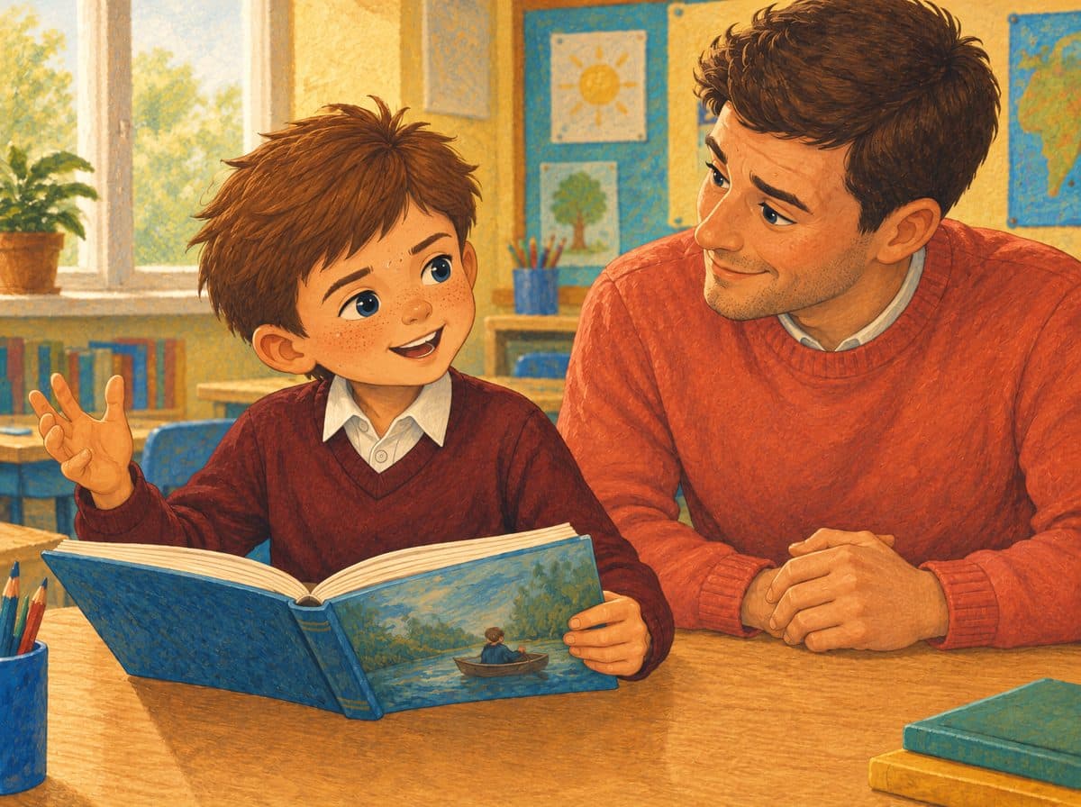 Alfie reads aloud with a big smile, one hand raised, as his teacher listens beside him