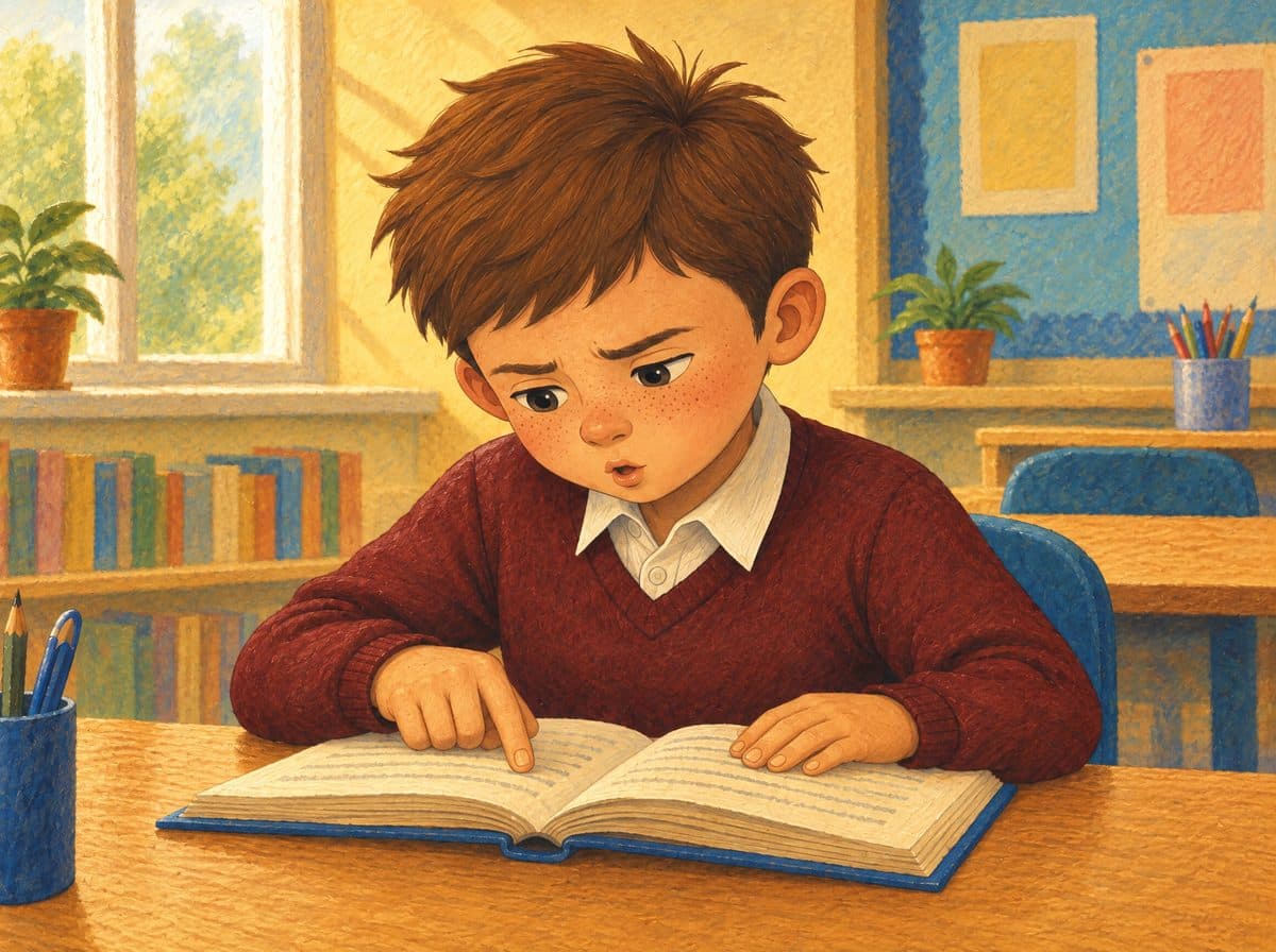 Alfie, a boy in a maroon school jumper, works hard to read a book at his desk, finger under the line