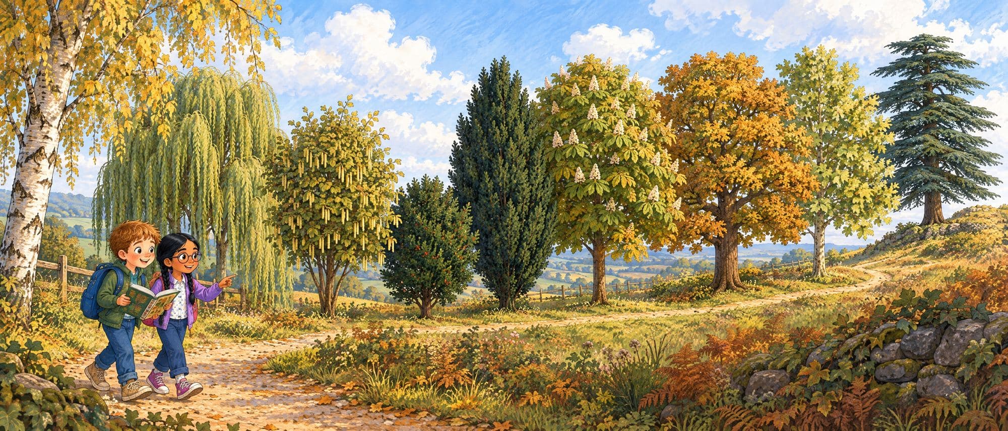 Two children read a book as they walk a woodland trail past nine trees, from a silver birch to a cedar