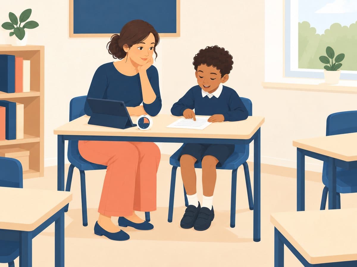 A teacher sits beside a boy at a desk as he reads aloud from a sheet, a tablet and a small timer beside them