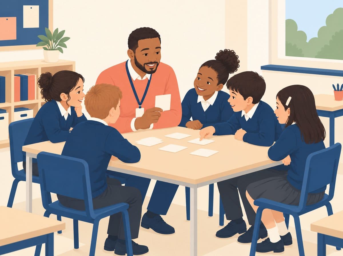 A teacher at a small table holds up a word card for a group of five children, who read it together