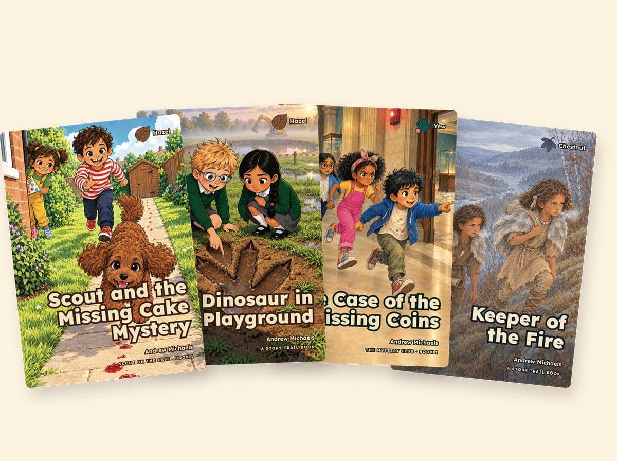 Four Story Trail classroom books: Scout and the Missing Cake Mystery, Dinosaur in the Playground, The Case of the Missing Coins and Keeper of the Fire