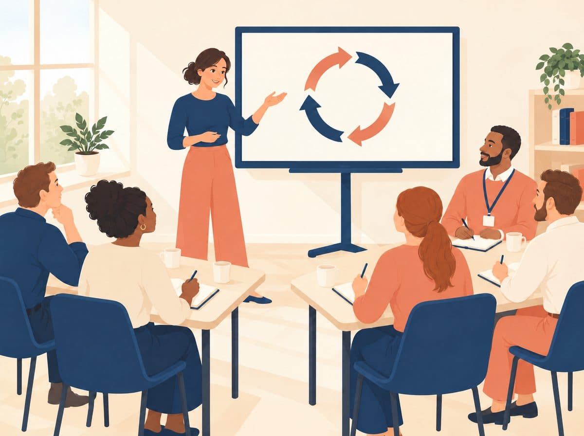 A reading lead presents a four-arrow cycle on a screen to six colleagues at a staff meeting
