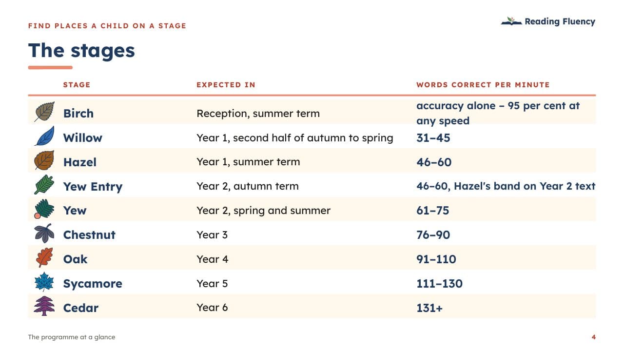 Slide: the nine stages, Birch to Cedar, with the words correct per minute for each