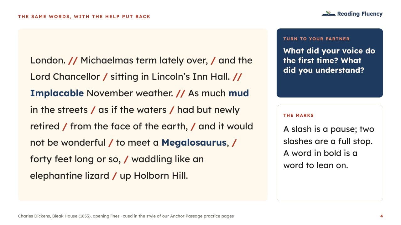 Slide: the same words with the help put back – a passage cued with phrase slashes