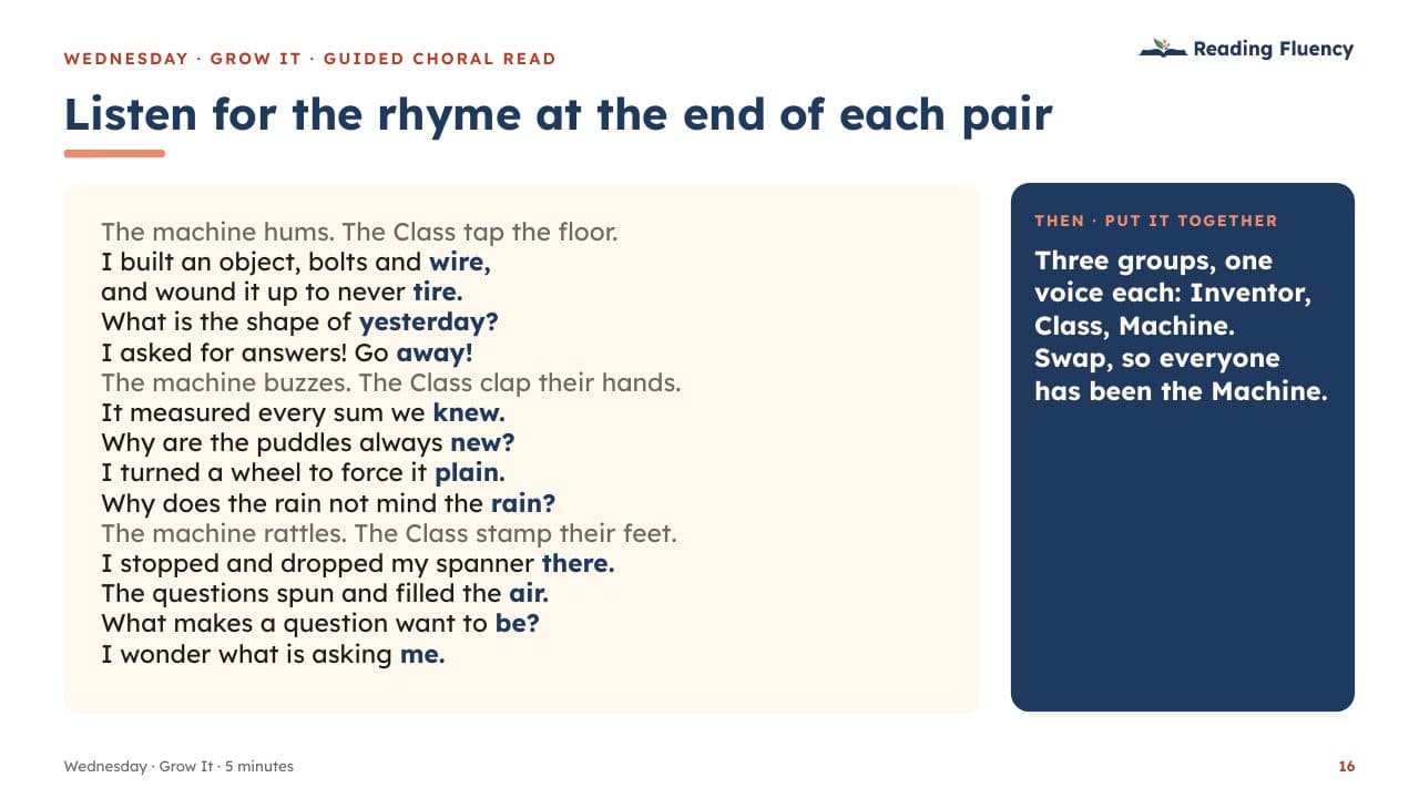Slide: listen for the rhyme at the end of each pair – a Guided Choral Read
