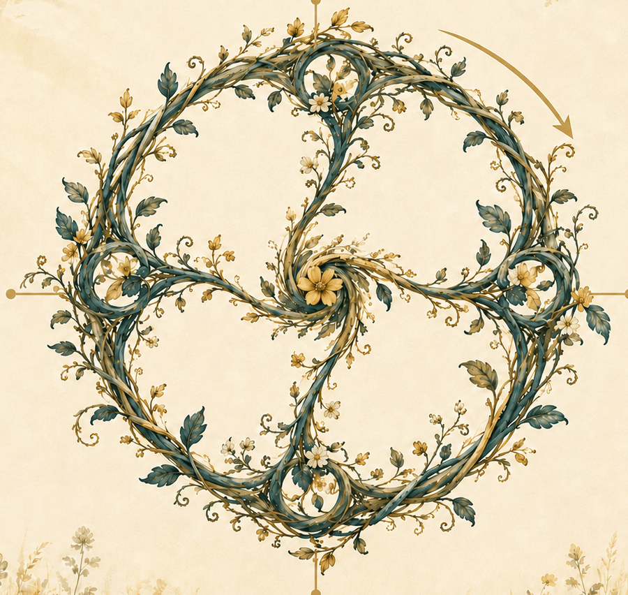 The fluency flywheel: a painterly woodland vine wheel with four spokes and a gold flower at the centre, turning clockwise