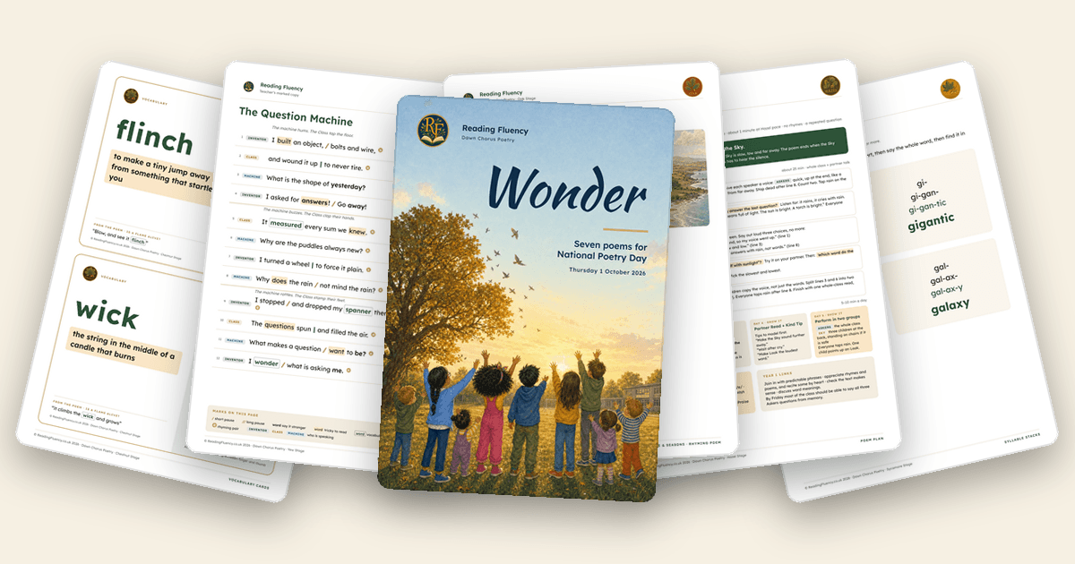 The Wonder booklet cover fanned out with its poem pages, vocabulary cards, poem plan and syllable stacks
